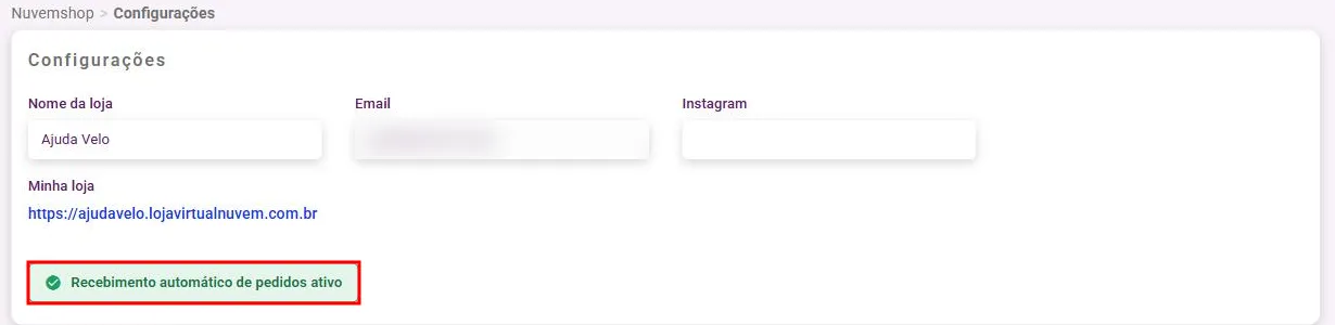 Configurações da Nuvemshop com os dados da loja conectada