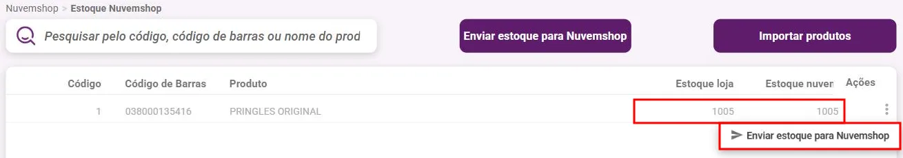 Estoque Nuvemshop com o estoque da loja e da nuvem lado a lado e o menu Enviar estoque para Nuvemshop