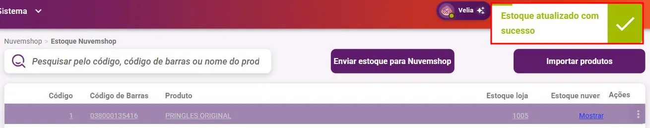 Mensagem Estoque atualizado com sucesso na tela Estoque Nuvemshop