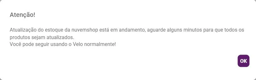 Aviso de atualização do estoque da Nuvemshop em andamento