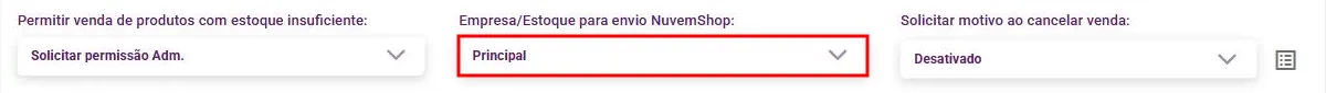 Campo Empresa/Estoque para envio NuvemShop na aba Vendas das Configurações gerais