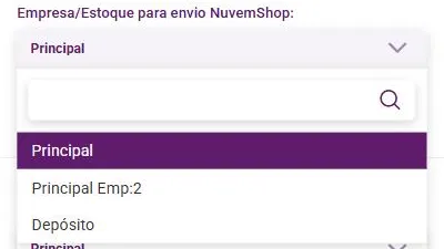 Lista do campo Empresa/Estoque para envio NuvemShop aberta com os locais de estoque