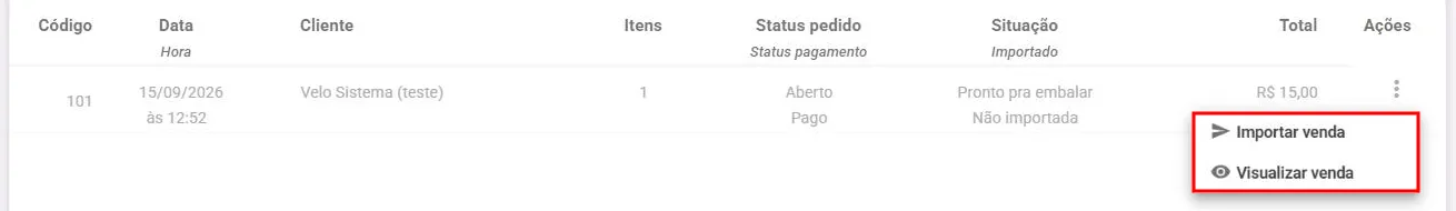Menu Ações do pedido da Nuvemshop com as opções Importar venda e Visualizar venda