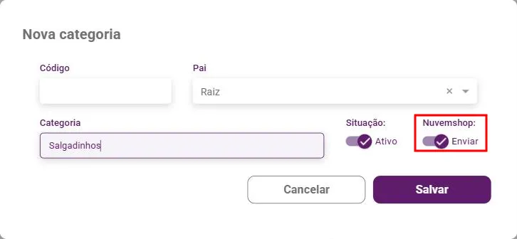 Janela Nova categoria com a chave Nuvemshop em Enviar