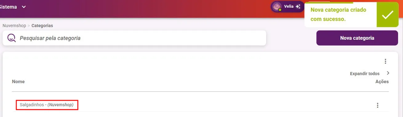 Lista de categorias com a categoria marcada como Nuvemshop