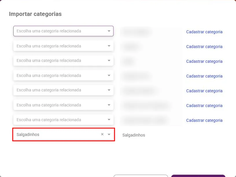 Janela Importar categorias com as categorias da loja e a categoria relacionada do Velo