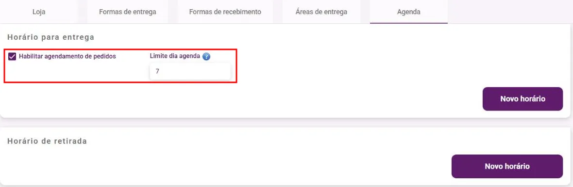 Aba Agenda com Habilitar agendamento de pedidos marcado e o campo Limite dia agenda