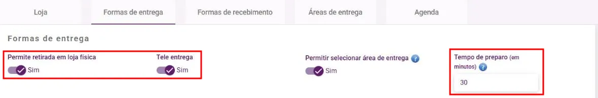 Aba Formas de entrega com os campos Permite retirada em loja física, Tele entrega e Tempo de preparo