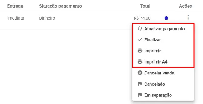 Menu Ações de um pedido com Atualizar pagamento, Imprimir e Imprimir A4