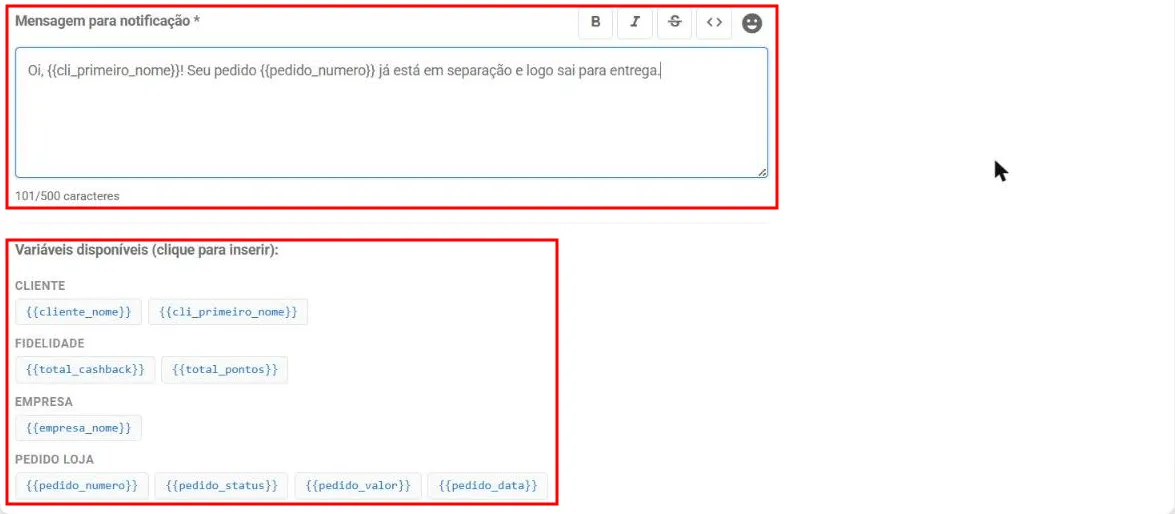 Campo Mensagem para notificação com a lista de variáveis disponíveis
