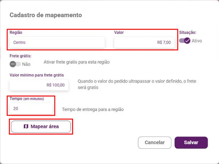 Janela Cadastro de mapeamento com Região, Valor, Frete grátis, Tempo e o botão Mapear área
