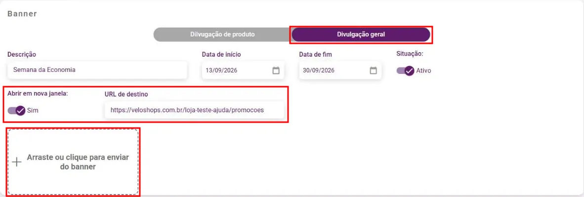 Tela Novo banner com Divulgação geral selecionada e os campos de URL e envio da imagem