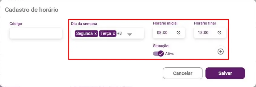 Janela Cadastro de horário com Dia da semana, Horário inicial, Horário final e Situação