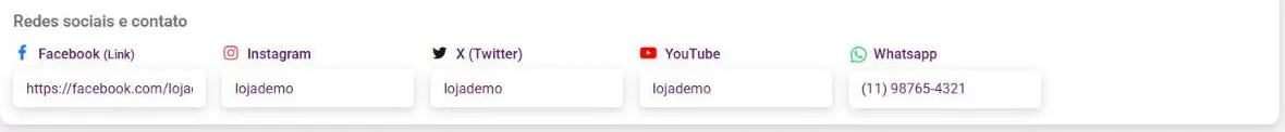Seção Redes sociais e contato com os campos Facebook, Instagram, X (Twitter), YouTube e Whatsapp