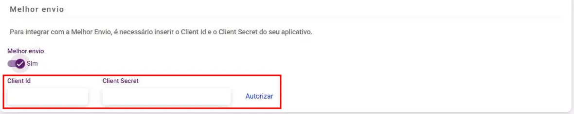 Seção Melhor envio com os campos Client Id, Client Secret e o link Autorizar