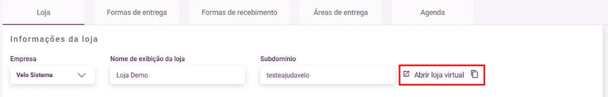 Link Abrir loja virtual e ícone de copiar ao lado do campo Subdomínio