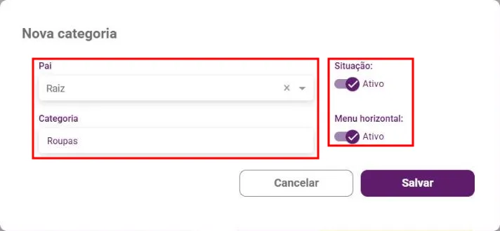 Janela Nova categoria com os campos Pai, Situação, Categoria e Menu horizontal