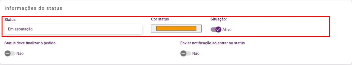 Painel Informações do status com os campos Status, Cor status e Situação