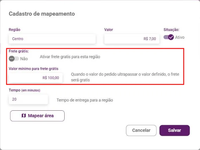 Janela de mapeamento com Frete grátis e Valor mínimo para frete grátis