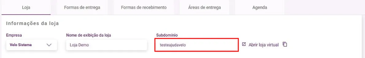Campo Subdomínio preenchido, ao lado do link Abrir loja virtual