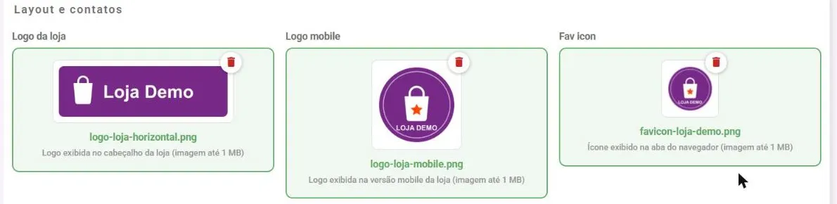Painel Layout e contatos com as áreas Logo da loja, Logo mobile e Fav icon