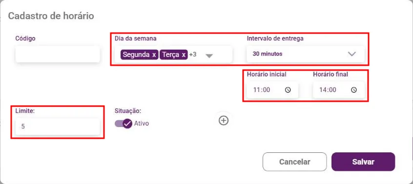 Janela Cadastro de horário com Dia da semana, Intervalo de entrega, Horário inicial, Horário final e Limite