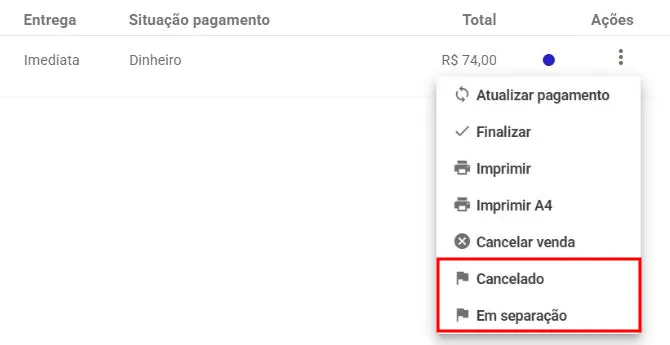 Menu Ações de um pedido com a lista de status abaixo das ações