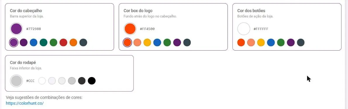 Cartões Cor do cabeçalho, Cor box do logo, Cor dos botões e Cor do rodapé com as sugestões de cor