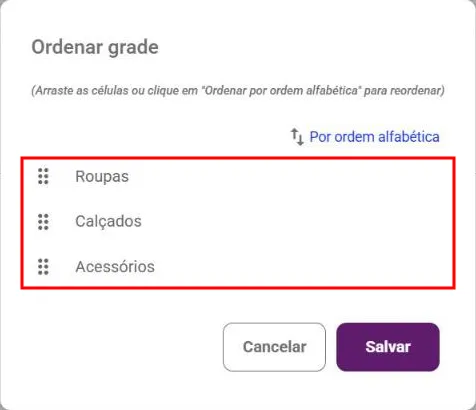 Janela de ordenação com as categorias do menu horizontal em lista arrastável