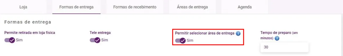 Aba Formas de entrega com a opção Permitir selecionar área de entrega ligada