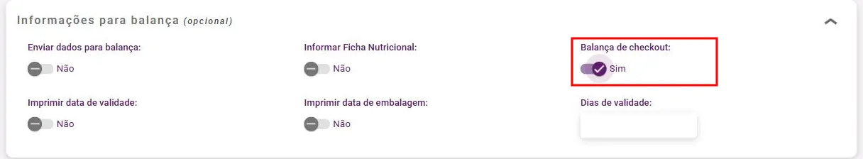 Cadastro de produto com a opção Balança de checkout marcada