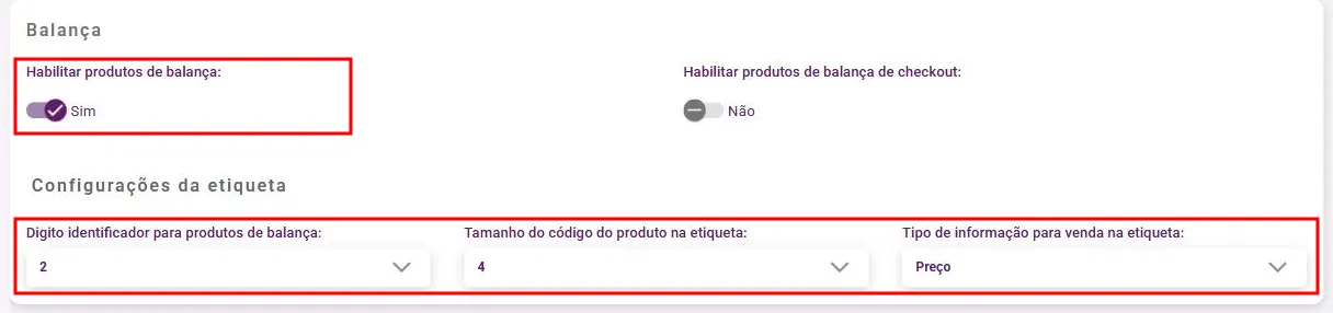 Bloco de balança na aba Produtos das configurações gerais