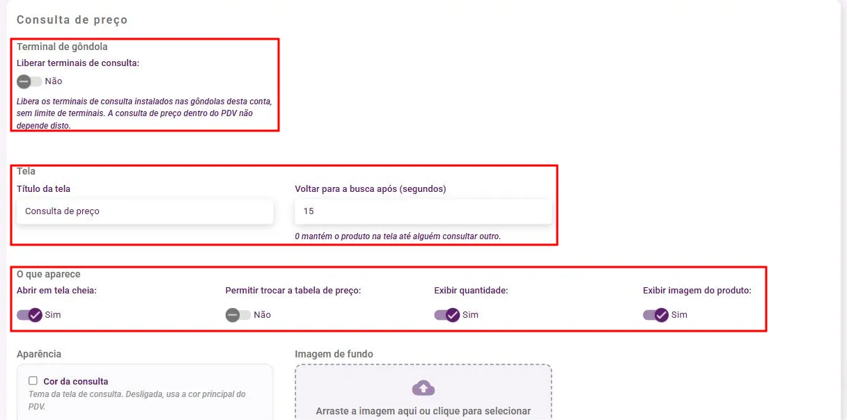 Card Consulta de preço com os blocos Terminal de gôndola, Tela e O que aparece