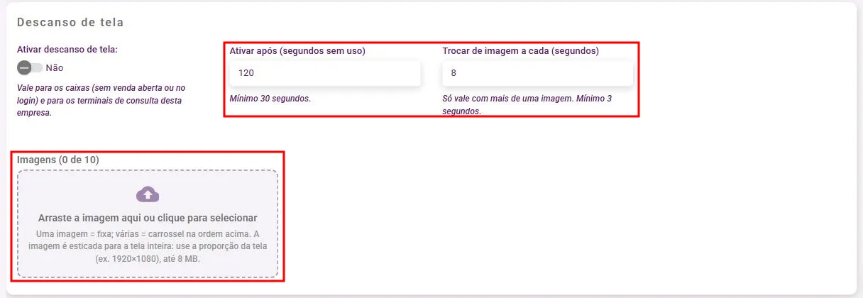 Card Descanso de tela com os tempos e a área de imagens