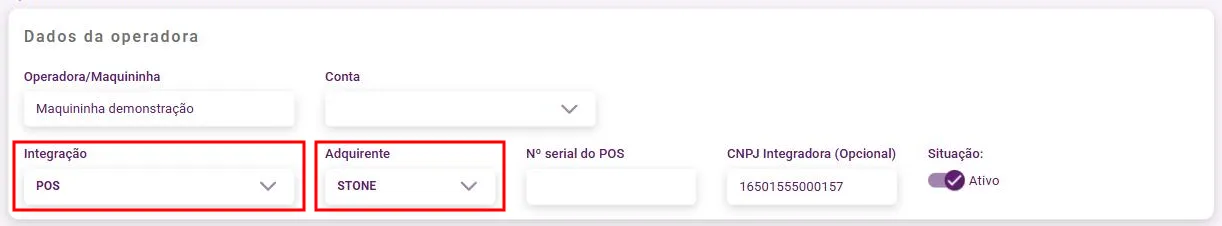 Cadastro da operadora com Integração POS e Adquirente STONE