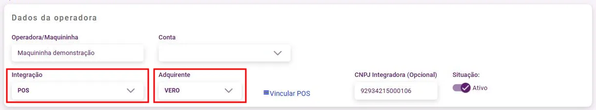 Cadastro da operadora com Integração POS e Adquirente VERO