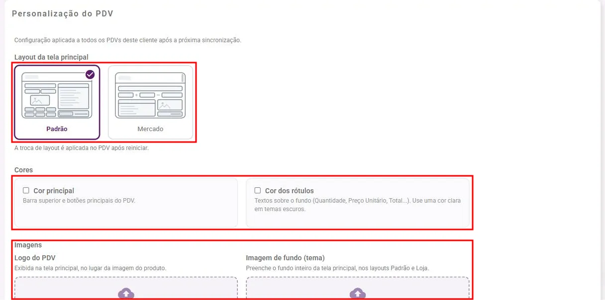 Card Personalização do PDV com os dois layouts, as cores e os campos de imagem