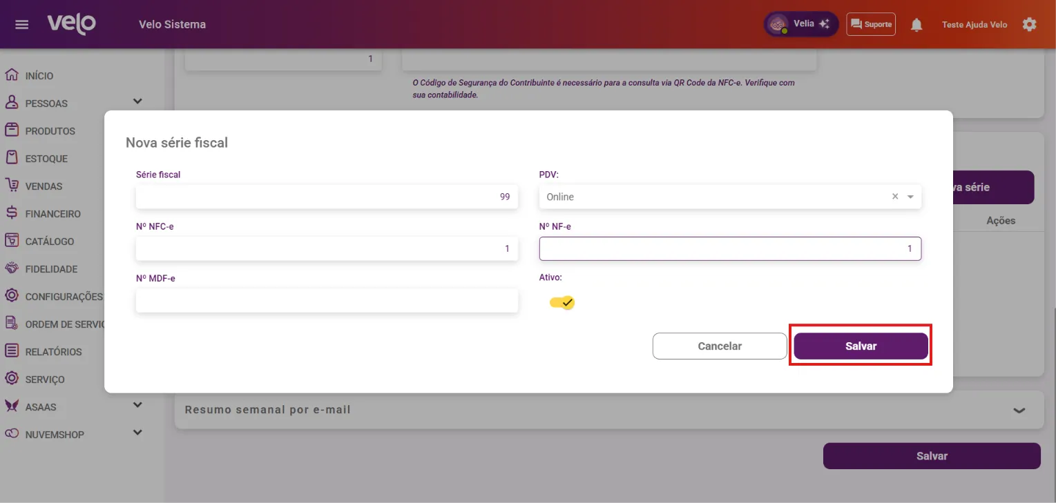 Formulário da série com número, PDV e os últimos números de NFC-e e NF-e