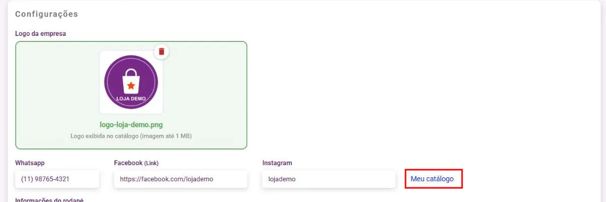 Painel Configurações com o atalho Meu catálogo ao lado do campo Instagram