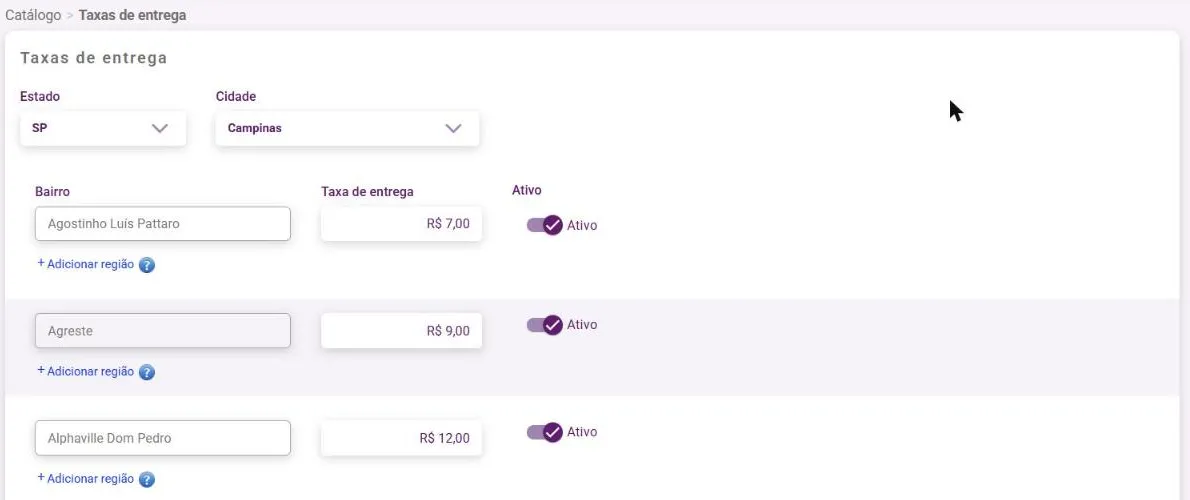 Tela Taxas de entrega com Estado, Cidade e a lista de bairros com Taxa de entrega e Ativo