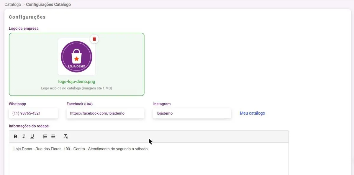 Painel Configurações com Logo da empresa, Whatsapp, Facebook (Link) e Instagram preenchidos