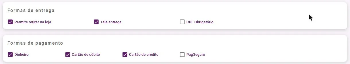Painéis Formas de entrega e Formas de pagamento com as opções marcadas