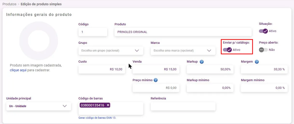 Painel Informações gerais do produto com a chave Enviar p/ catálogo em Ativo
