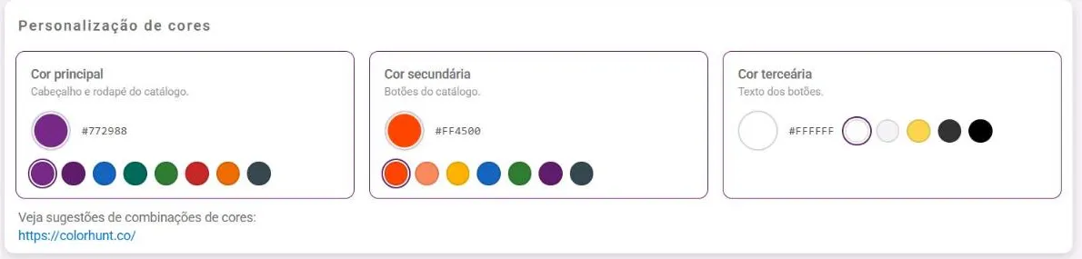 Painel Personalização de cores com os cartões Cor principal, Cor secundária e Cor terceária