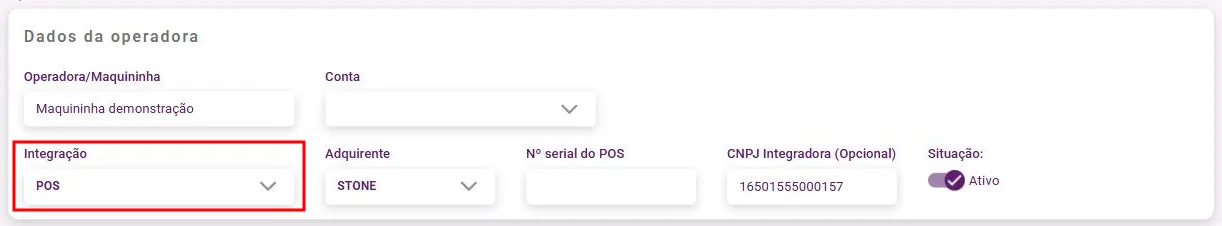 Cadastro da operadora de cartão com Integração POS