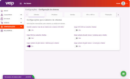 Velo Configurações