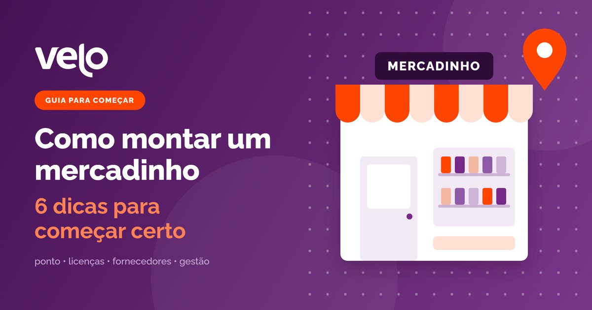 Como montar um mercadinho: ilustração da fachada de um mercado de bairro com toldo, vitrine de produtos e pino de localização
