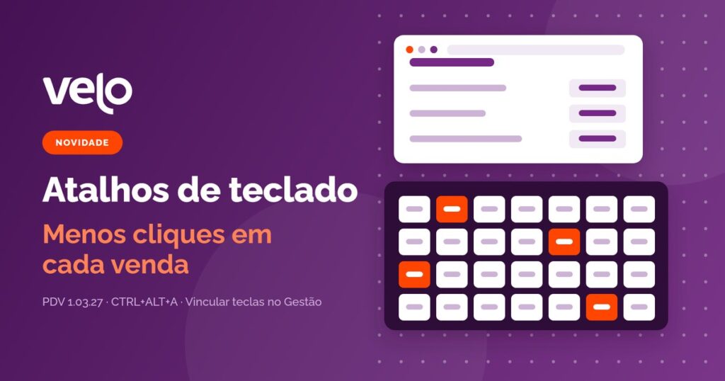 Atalhos de teclado do PDV: ilustração de um teclado de caixa com as teclas de ação destacadas e a tela de vinculação no Gestão