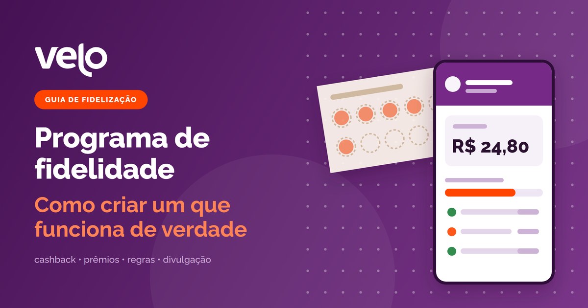 Programa de fidelidade: ilustração de um cartão de carimbos de papel ao lado de um celular com o saldo de cashback e o extrato do clube da loja