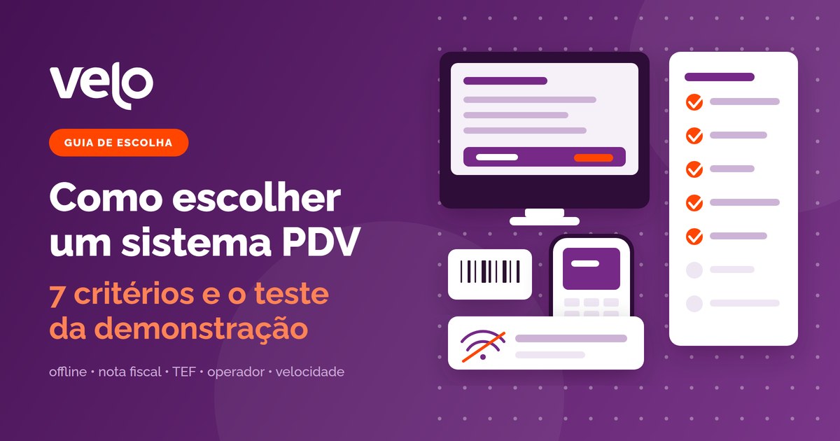 Como escolher um sistema PDV: ilustração do caixa da loja com a lista de critérios conferidos ao lado, leitor de código de barras e maquininha